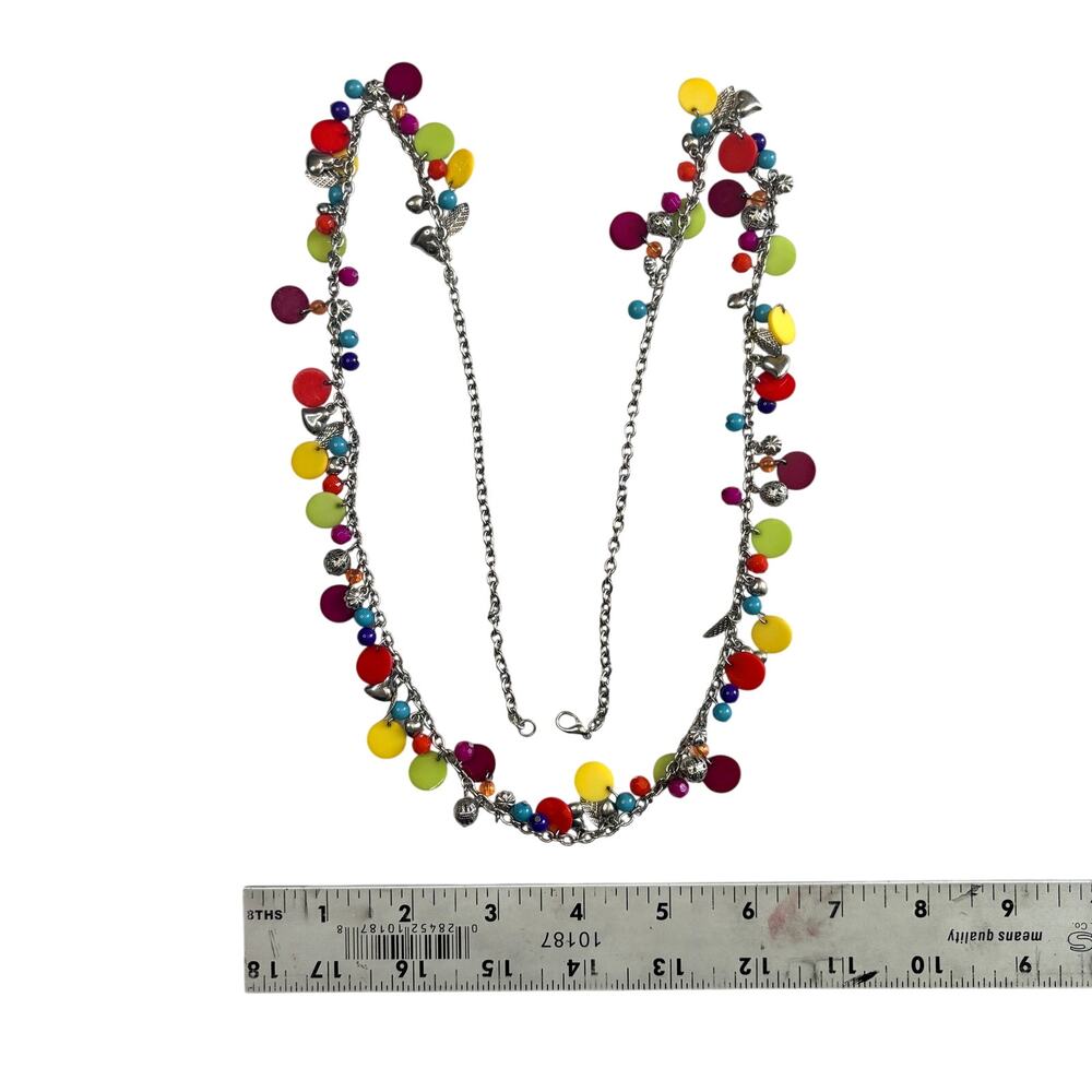 Multicolor Boho Statement Necklace 36" Mixed Metal Hearts Leaves Silver Tone